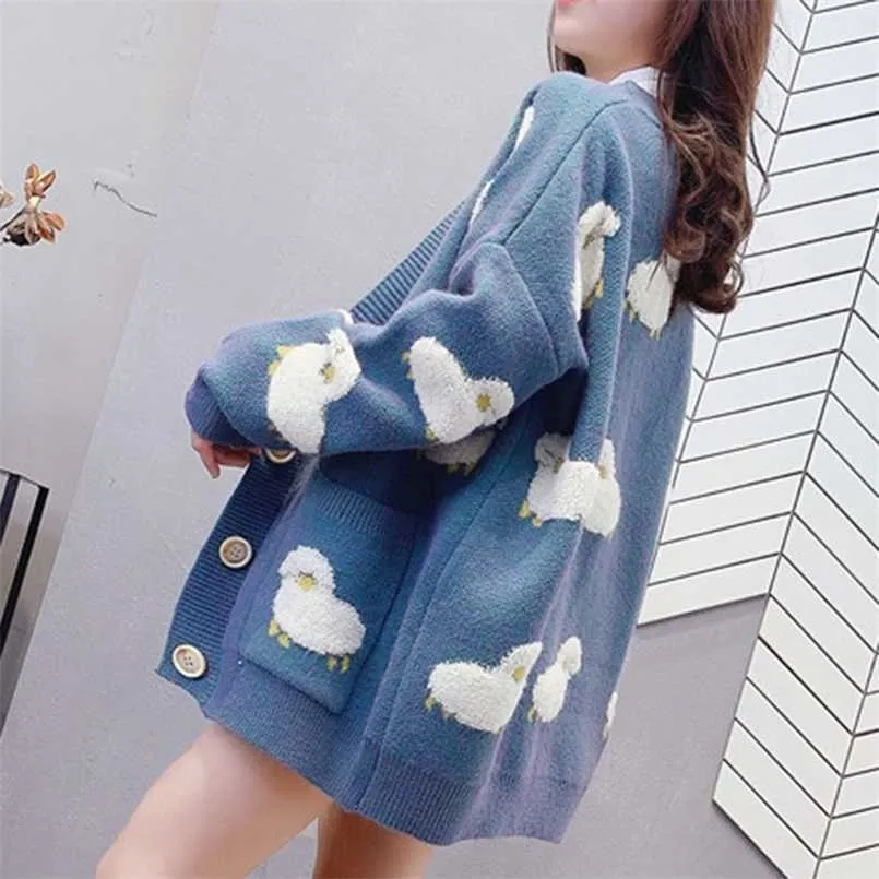 Cardigan Kobiety Sweter Luźny Oversize Kobiety Z Długim Rękawem Cartoon Owce Eleganckie Topy Słodki Dzianiny Kurtka Damskie 211103