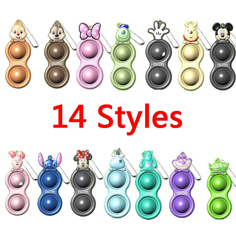 100 stcs 14 stijlen Push Bubble Toy Simple Dimple Key Ring Fidget Pop Toys Keychain Kinderen volwassen roman Squeeze Bubbles Puzzle Finger Fun Game Stress Relief