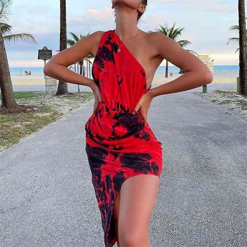 Holiday Beach Style Loisirs Sexy Dames Split Slim Robes Femme Été Une Épaule Dos Nu Impression Patchwork Robes 210517