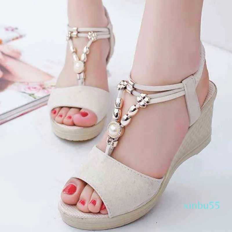 Summer Women Gladiator Sandals Wedges High Heel Platform Laides Shoes Peep Toe String Beads Casual Female