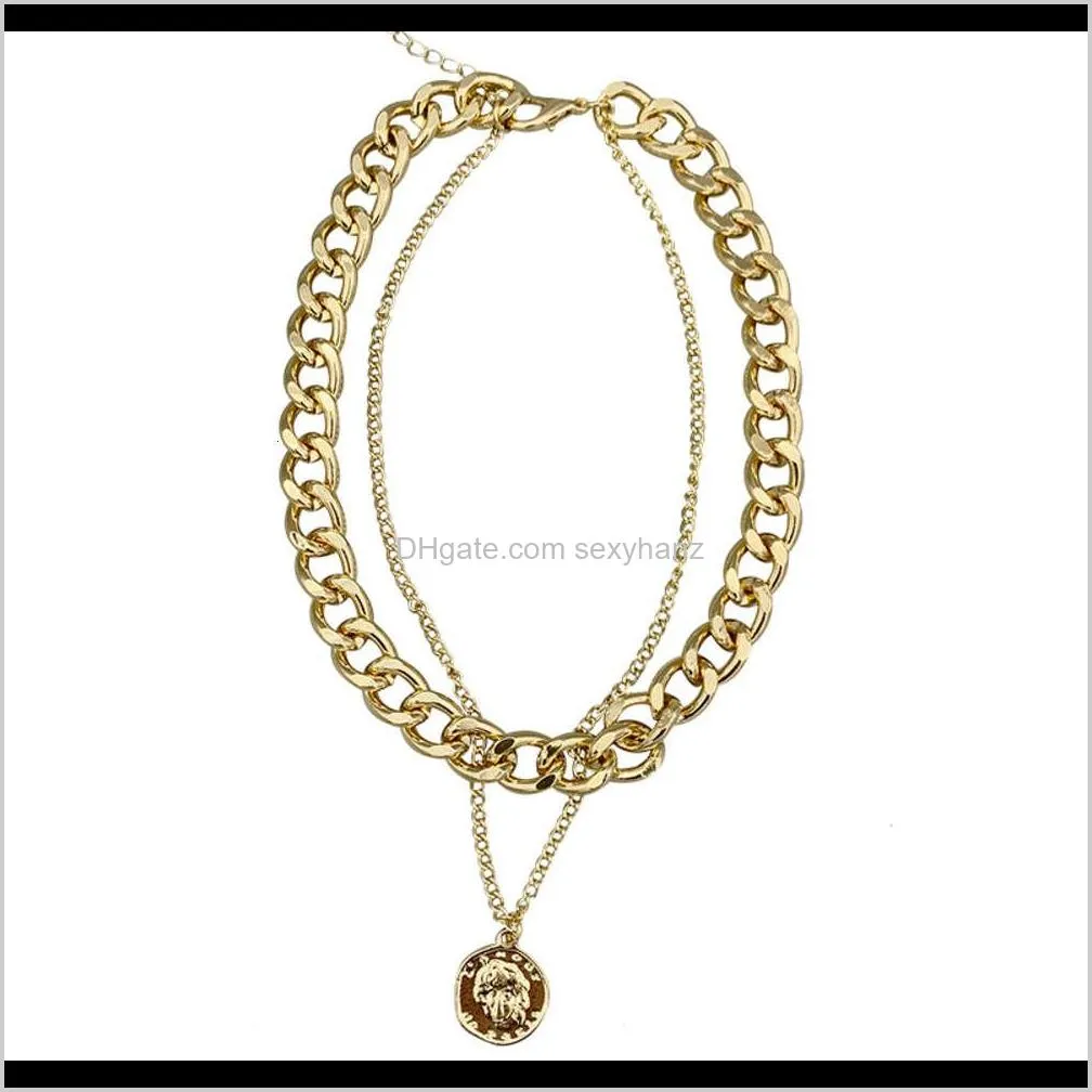 ins hip hop net red tide double thick chain coin pendant necklace women`s jewelry