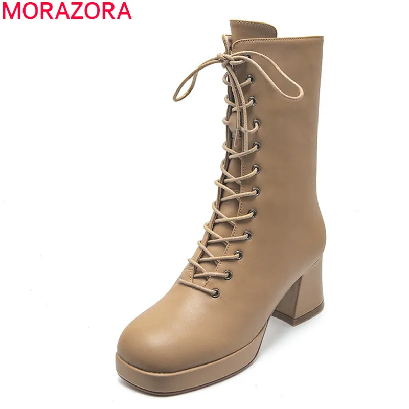 Morazora Botas de Couro Genuíno Botas Espessas de Alto Salto Quadrado Toe Lace Up Botas de tornozelo para Mulher Inverno Sólido Cor Senhoras Sapatos 210506