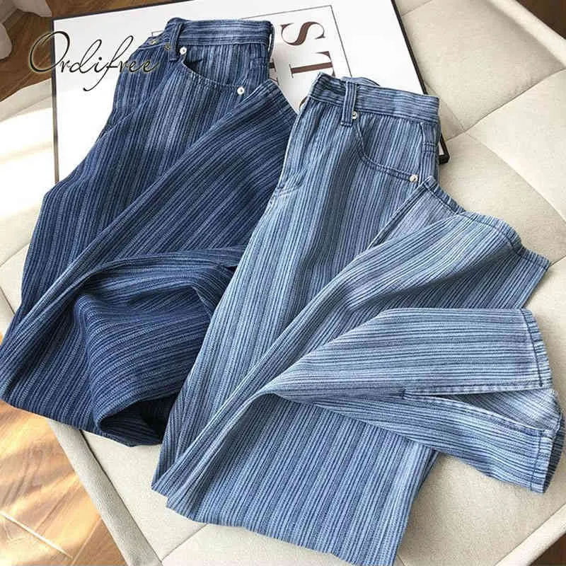 Spring Autumn Women Striped Wide Leg Pants High Waist Loose Casual Trousers Fashion Jeans 210415