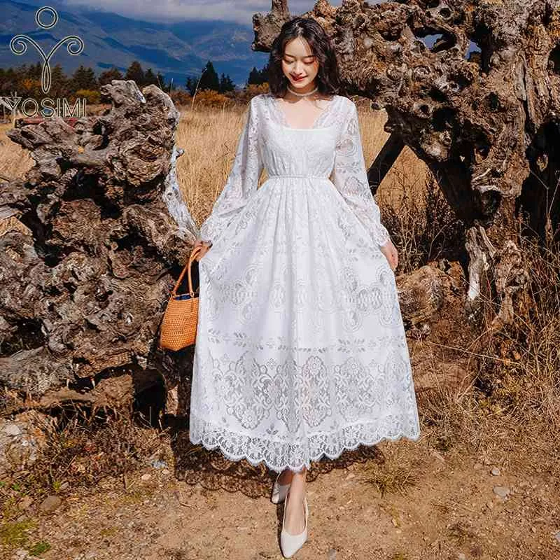 YOSIMI Elegant Lace A-Line Birthday Party tea length wedding dress with V-neck and Ankle-Length Hemline for Women - Summer Style 210604 YOSIMI Elegant Lace A-Line Birthday Party tea length wedding dress with V-neck and Ankle-Length Hemline for Women - Summer Style 210604