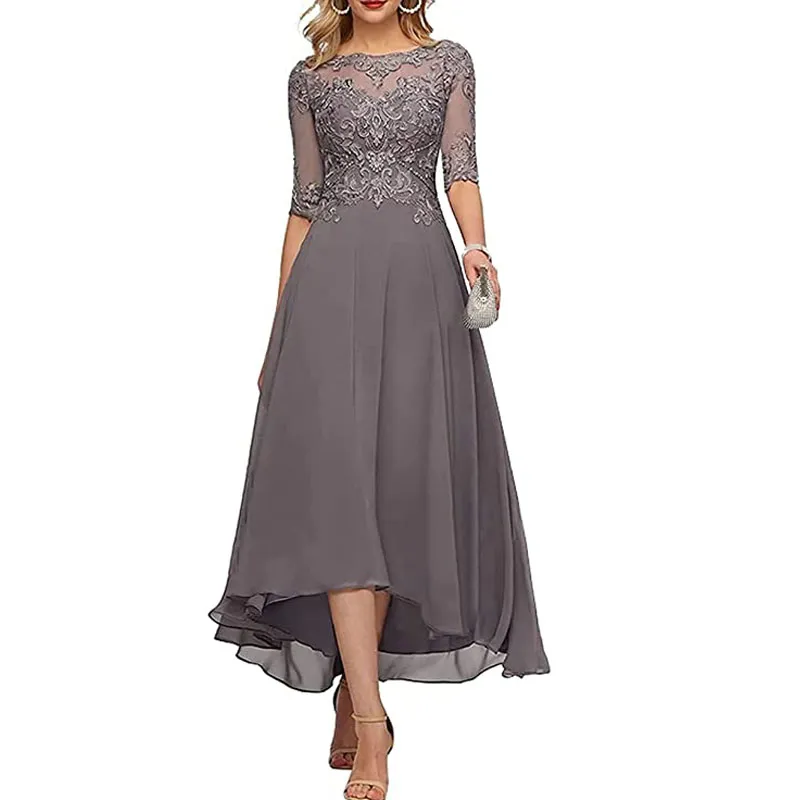 Frauen High Low Kleider für die Brautmutter, Rundhalsausschnitt, halbe Ärmel, Abschlussball-Party-Kleider, A-Linie, Chiffon, formelles Abendkleid für Hochzeitsgäste 326 326