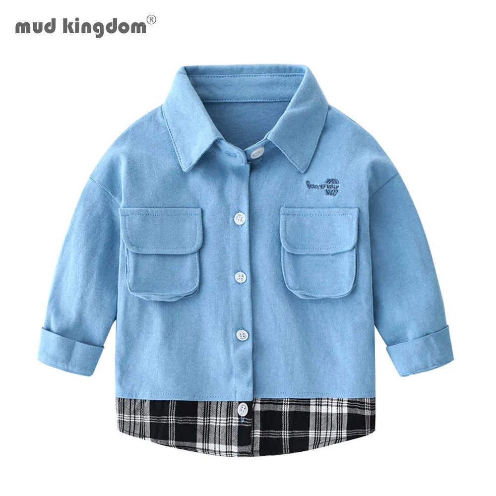Mudkingdom Toddler Boys T Shirts Långärmad Barnkläder Patchwork Plaid Fashion Tops för 210615
