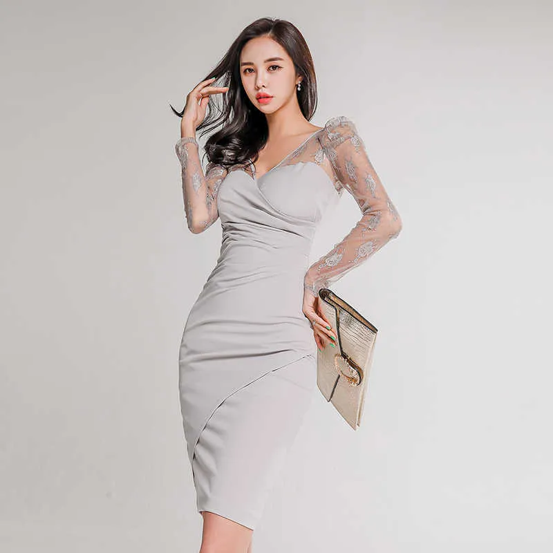 Korean Fashion Lace Dresses Women Mesh Long Sleeve Office Lady Bodycon Plus Size XL Gray Sheath Vintage 210531