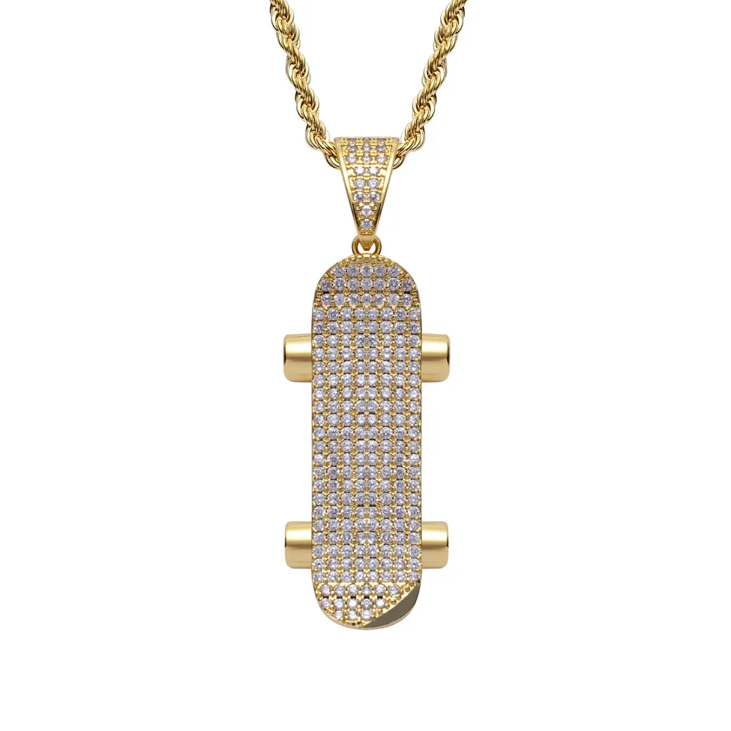18k gold skateboard necklace nightclub Bling Diamond Cubic zircon pendant Necklaces hip hop jewelry set men women stainless steel chain will and sandy