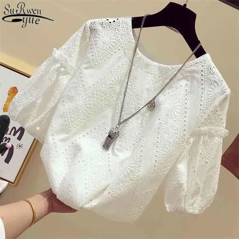 Korean Summer Shirts Flower Short Sleeve Lace Shirt White Lace Top Women Fashion Small Blouse Women Clothing 13439 210518