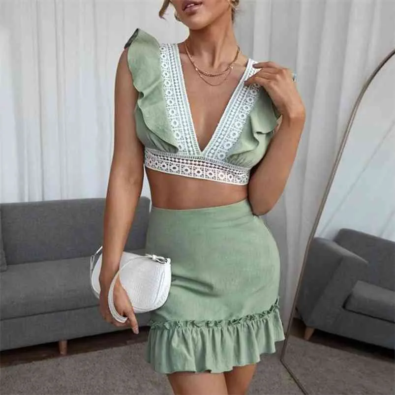 BOHO Beach Style Style Dress Dress Set Ruffled Bianco Pizzo Estate Donne Due pezzi Sundress Chic Vestido 210427