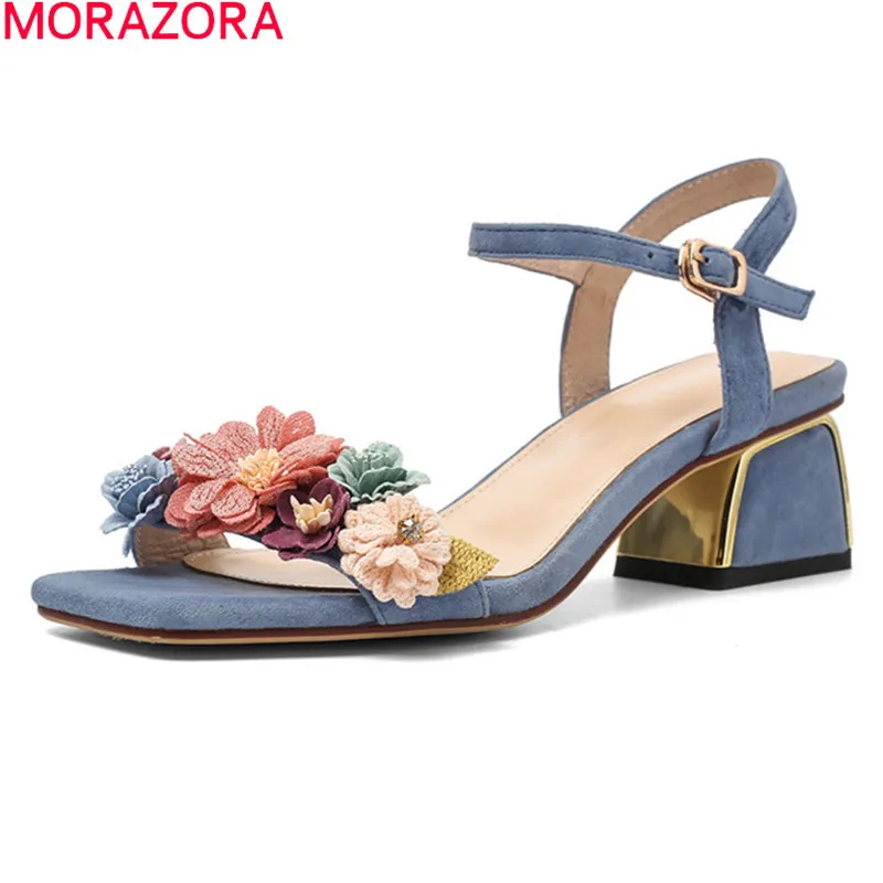 Morazora Big Size 33-42 Frauen Sandalen Mode Blumen süße Partyschuhe Dicke Heels Quadrat Zeh Sommer Schafsleder Sandalen 210506