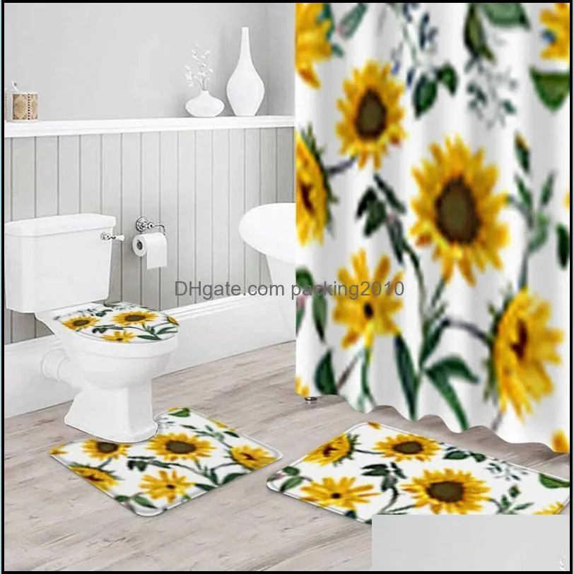 Yellow Sunflower White Bathroom Non-slip Mat Set Durable Waterproof Shower Curtain Set Rug Lid Toilet Cover Bath Mat Rugs