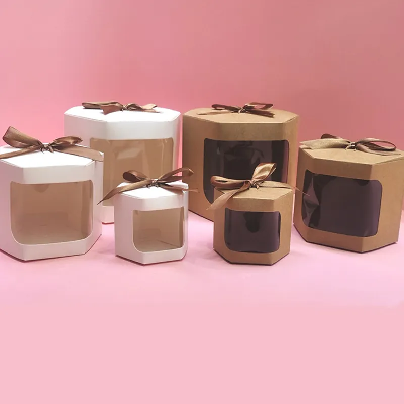 Kraft Paper Gift Wrap Bagging Bag Clear PVC Window Hilmts Box Pox Profs Phady Birthy Birthday Cake Boxes with Ribbon XG0177