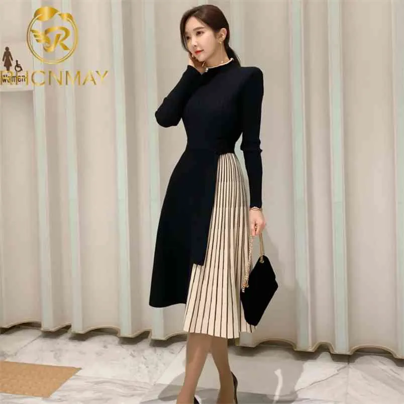 Winter Elastic Knitted Dresses Women Color matching Lace-up Sweater Dress Fashion Slim Work Office Vestidos 210506