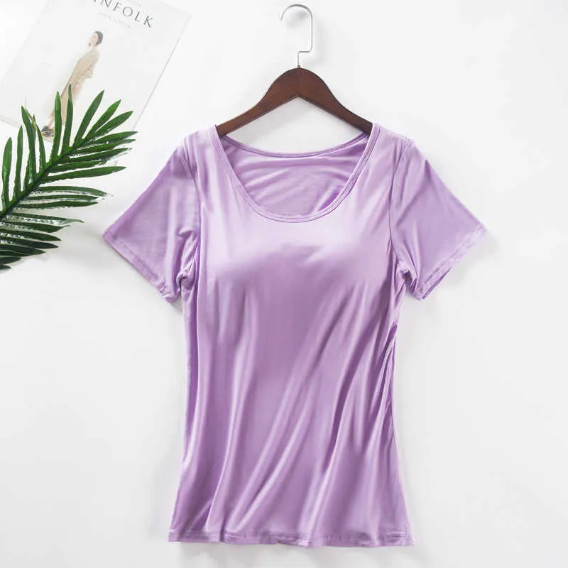 Womens Summer Pink T Shirt Women With Built In Bra And O Neck In