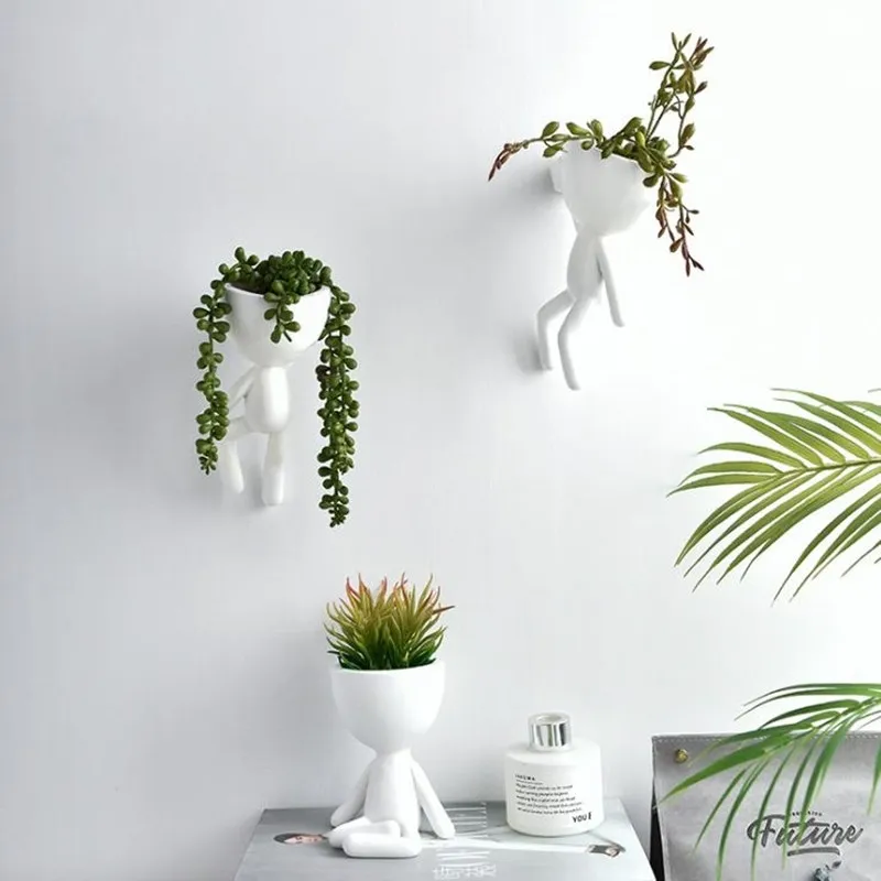 Cutelife White Ceramic Character Portret Bloem Pot Nordic Wall Opknoping Tafel Vaas Hoofd Decor Thuis Plant Garden Sculpture Pot 210401