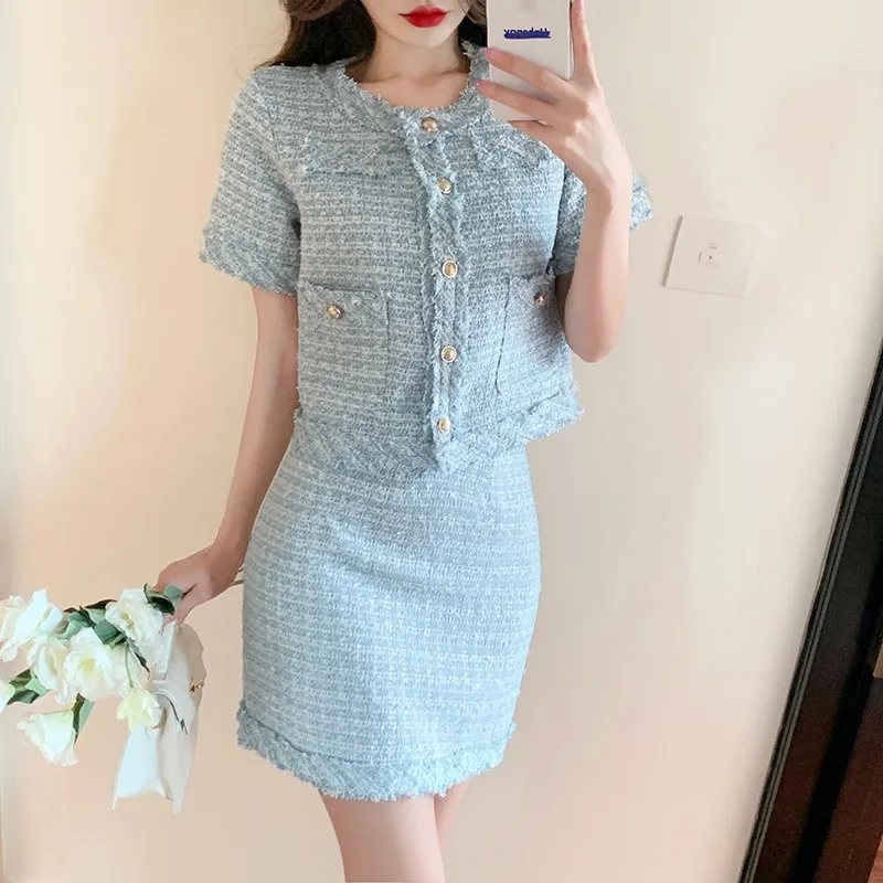 Summer Tweed 2 قطعة مجموعات نساء منفردة سترة قصيرة الأكمام الصدر + جاكيتات عالية الخصر Bodycon Mini Skirt Suit Office Ladies Suit 210519