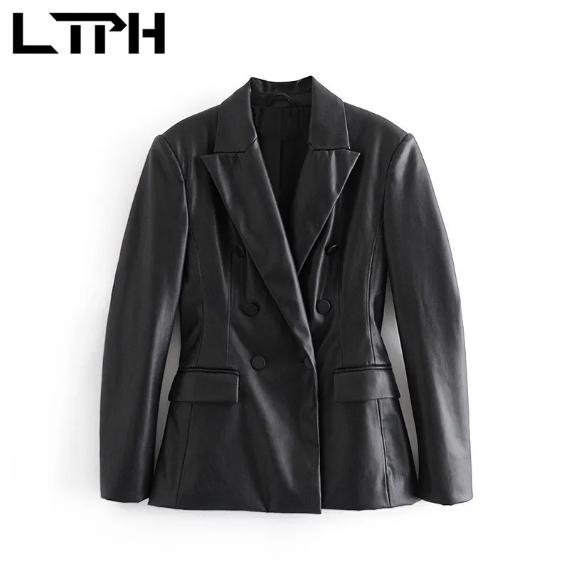 Vintage elegant black PU leather Suit Coat double breasted Casual women blazer Chic Slim Blazers Jackets Spring 210427