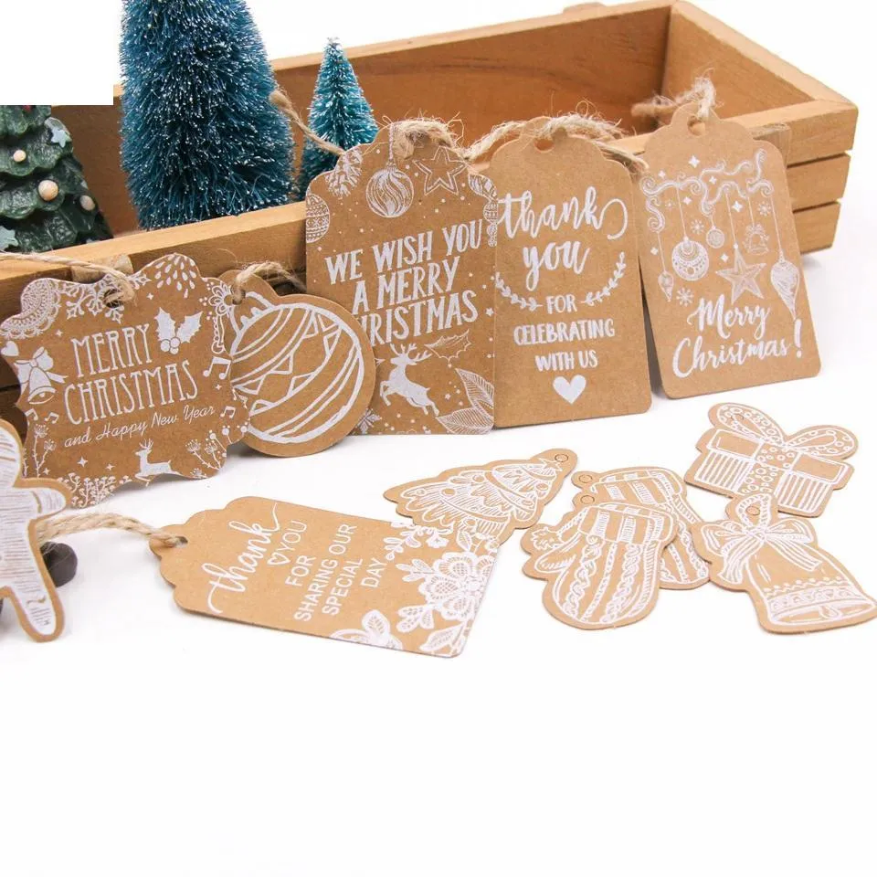 Multi estilo Natal série kraft papel etiquetas DIY artesanato pendurar tag com rótulos de festa de Natal de corda