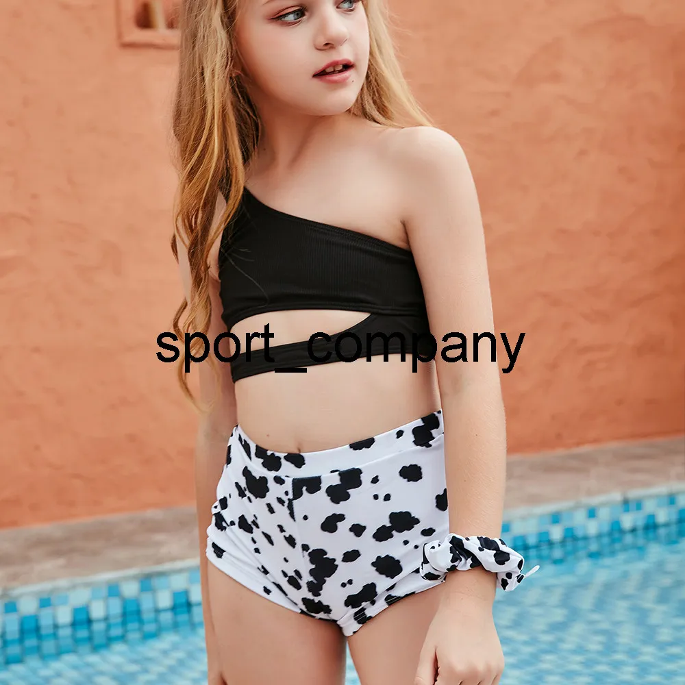 2021 Kids Baby Meisjes Een-Shoulder Hollow Bikini Set Badmode Kinderen Badpak Koe Print Badpak Kostuum Kleding Bodysuits