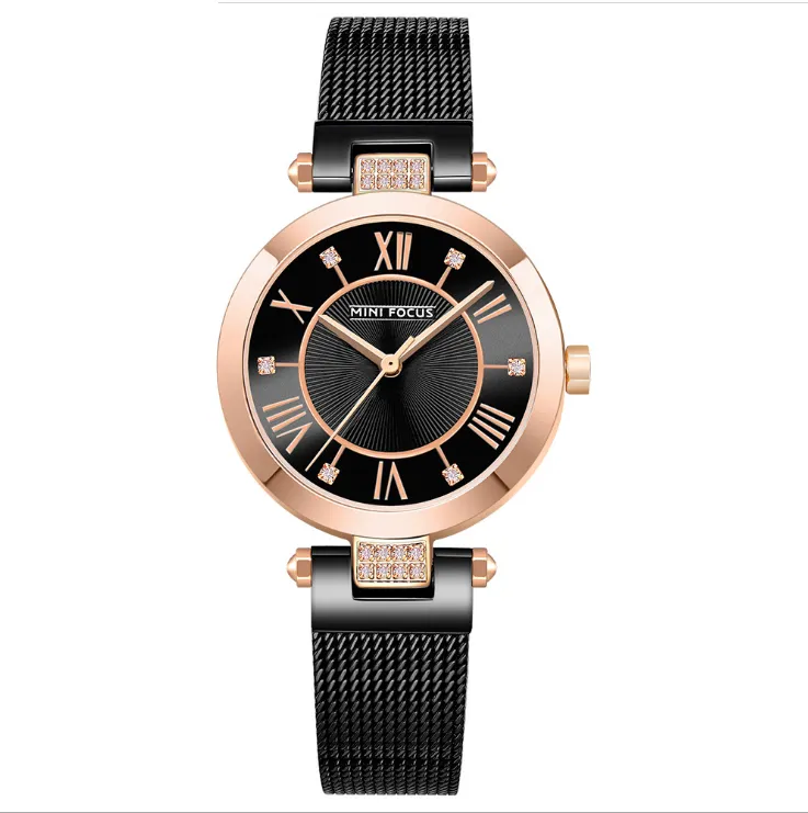 Dial Personalidad para mujer Pequeño reloj cómodo de acero inoxidable Boda de malla japonesa Movimiento de cuarzo Diamante 7.7 mm Damas delgadas Relojes Mini Focus 0215L