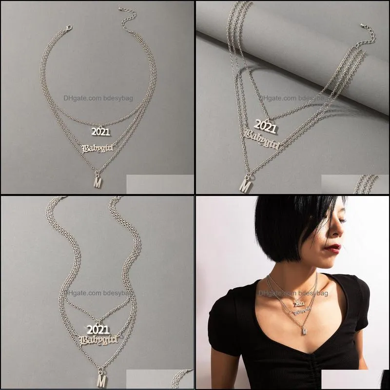 New Trendy 2021 Letter M Pendant Necklace for Women Multi-layer Geoemtric Silver Color Clavicle Jewelry Collar