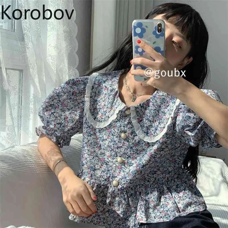 Korobov estampado coreano Peter Pan Collar Mujer Blusas Vintage Puff manga un solo pecho Mujer camisas dulce Chic Mujer Blusas 210430