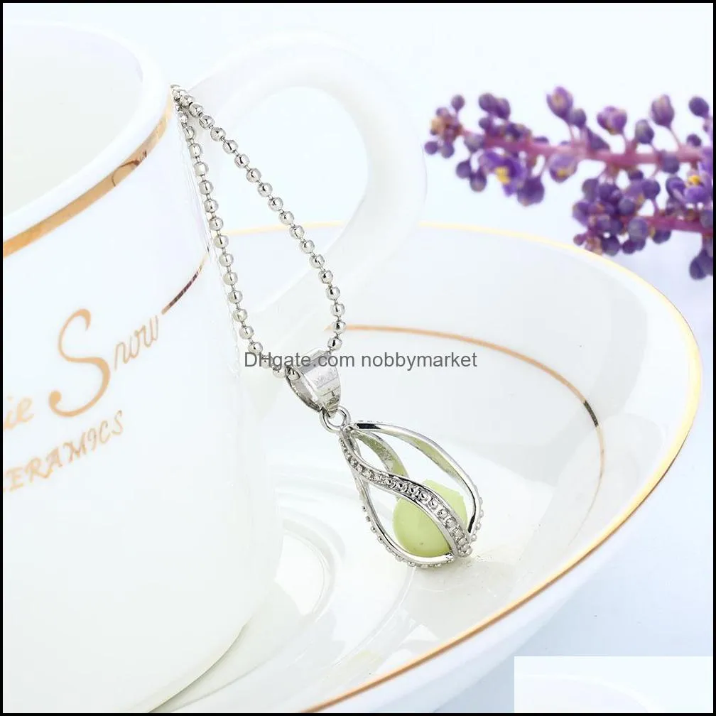 New Glow in The Dark pearl cage pendant necklaces Open Hollow Luminous water drop Charm Locket bead Chain For women s Fashion Jewelry