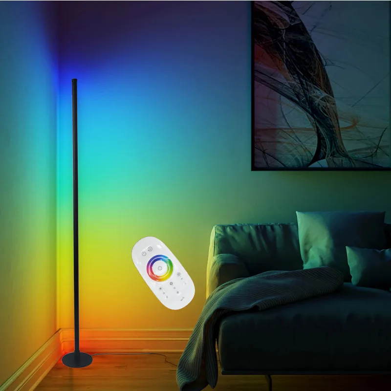 Corner Floor Lamp RGB Color Changing Mood Modern Standing Lighting with Dimmable Remote Controller for Living Room Bedroom