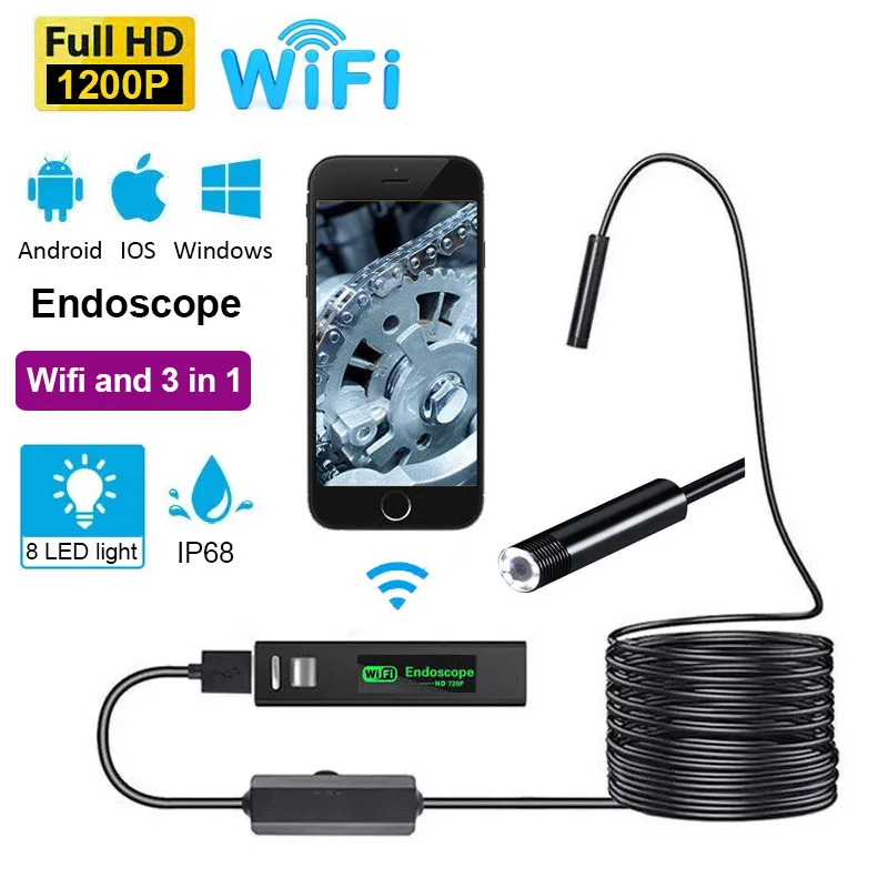 Mini Wifi Camera EndoScope Lenses Filters HD 1200P Vattentät Telefon Bildvideo för industriell bil Reparation Luftkonditionering Avloppssladd Undervattensdetektering