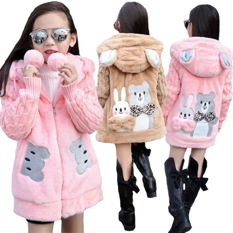 Thick Keep Warm Winter Jacket For Girls Big Size Bear Hooded Sweater Sleeve Plush Kids Outerwear Teenager Long Windbreaker Coat 211023