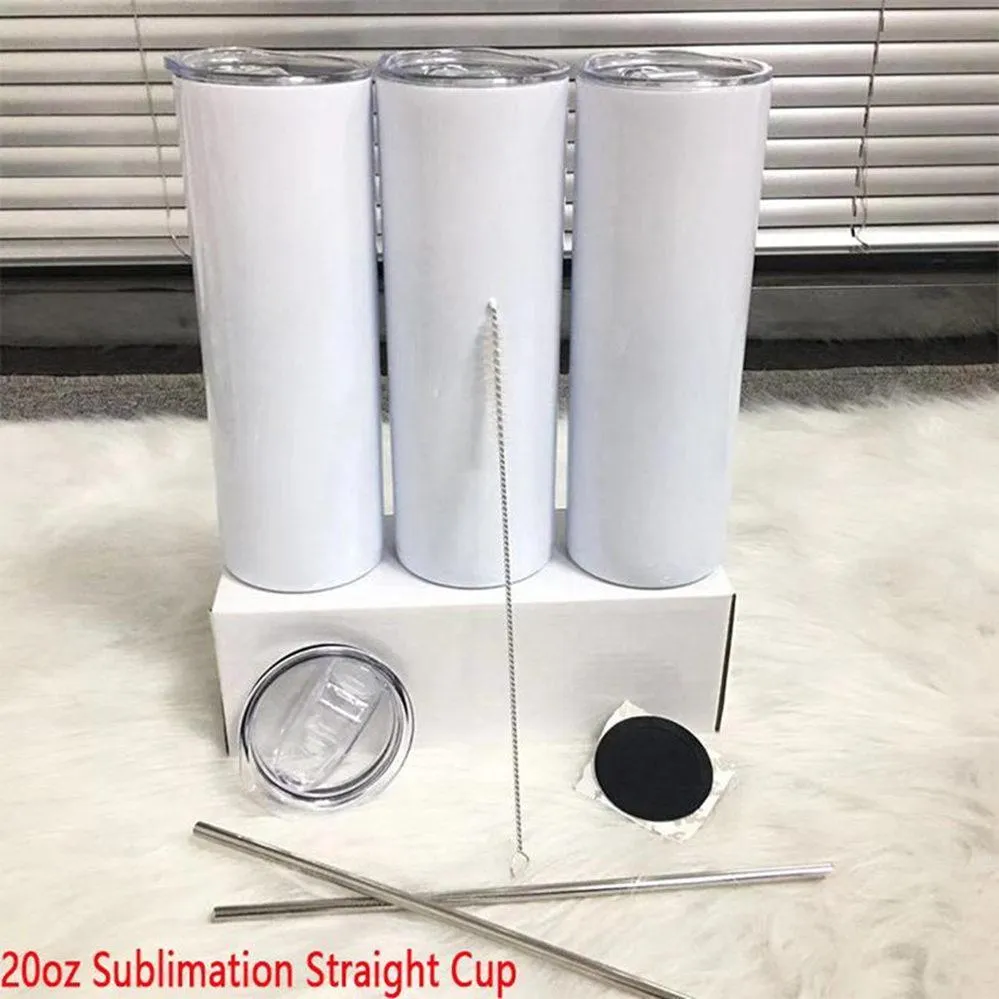 Fast Delivery 20oz DIY Sublimation Straight Skinny Tumbler With Metal Straw Rubber Coaster And Straw Brush Doubel Wall Thermos Cup