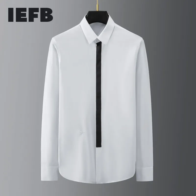 IEFB Fashion Ribbon Color Block Patchwork Cotton Non Iron Long Sleeve Slim Casual Men's Basic Embroidery Blouse Tops 9Y5612 210524