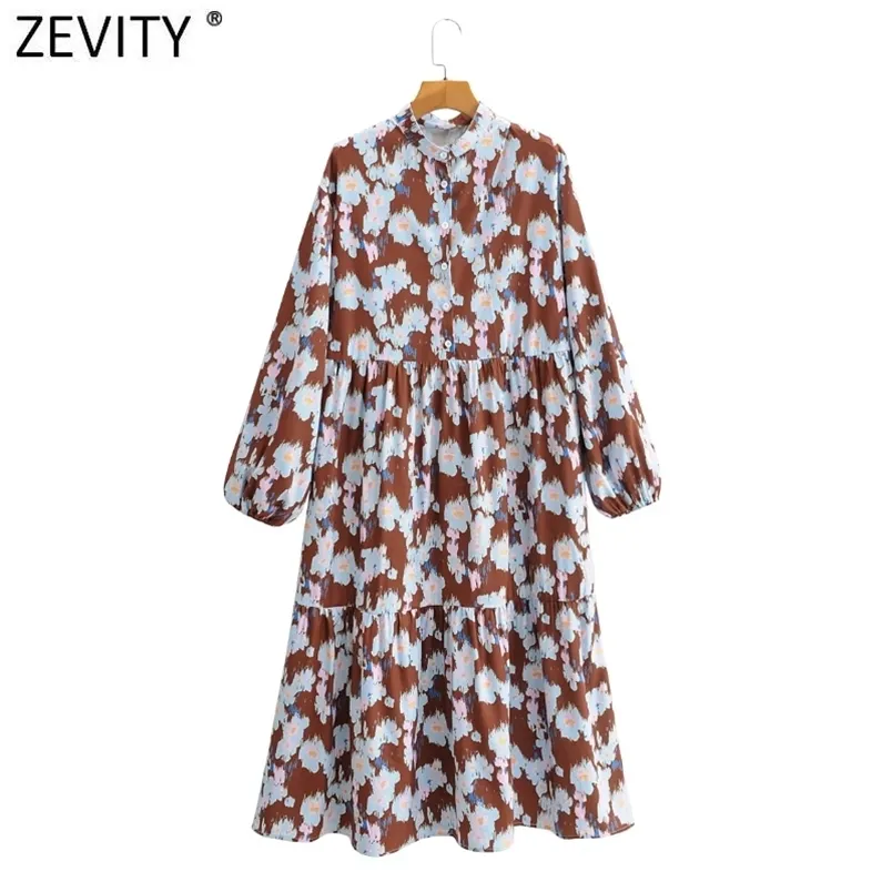 Women Vintage Stand Collar Lantern Sleve Casual Loose Midi Dress Female Tie Dyed Flower Painting Chic Vestido DS4742 210420