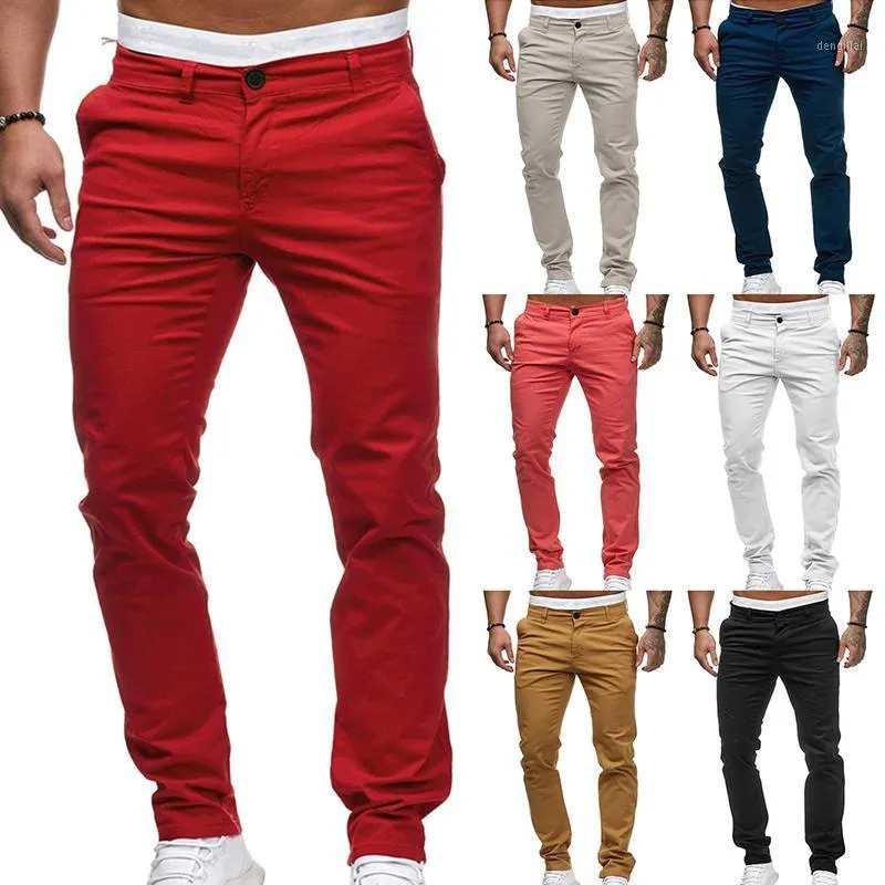 Herrbyxor Business Solid Färg Casual Män Bomull Slim Fit Chinos Fashion Byxor Straight M-3XL