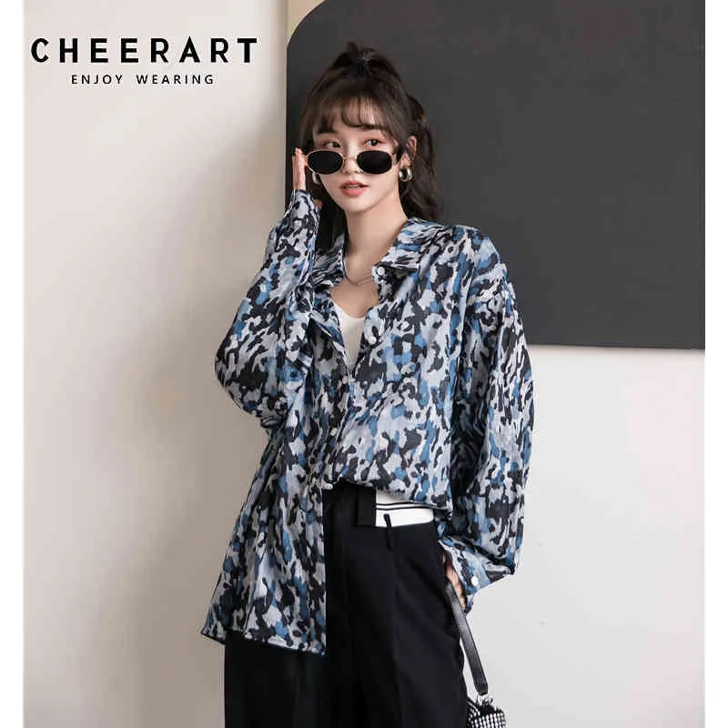 Camouflage surdimensionné chemise femmes bleu à manches longues Blouse haut ample boutonné col automne coréen mode vêtements 210427