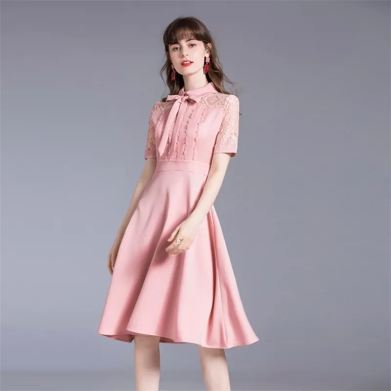 Summer Fashion Designer Pink Dress Women Short Sleeve Lace Patchwork Ruffle Vintage Female Bow Dresses Vestidos 210520