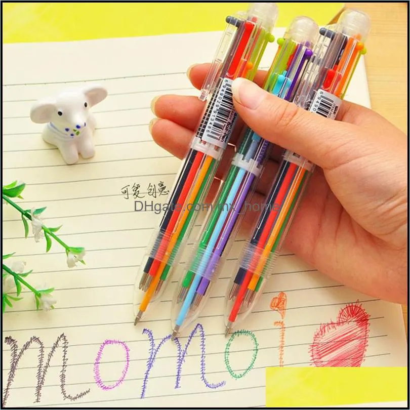 6 In 1 Colorful Pen Simple Solid Multifunction Multicolor Ballpoint Pen School Student Stationery Color Refill Pens