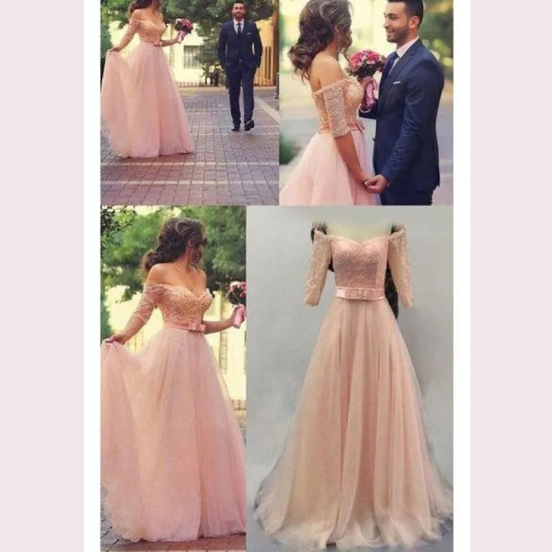Pink Lace Appliques Prom Dress Off Shoulder Half Sleeves Beaded Tulle Bow Plus Size Formal Evening Gown From Bestselldress 149.78 DHgate.Com