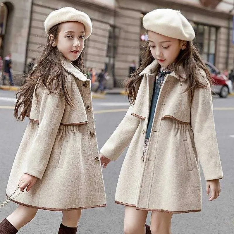 Девушки шерсти шерстяное пальто 2021 Новый корейский стиль утолщенные осенью и зимний стиль большой детский талию шерстяные пальто H0909