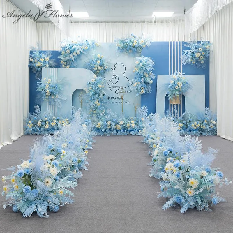 Flores decorativas Guirnaldas Serie azul Boda Arreglo floral Flor artificial Fila Mesa Carretera Plomo T Escenario Telón de fondo Bola de esquina Custo