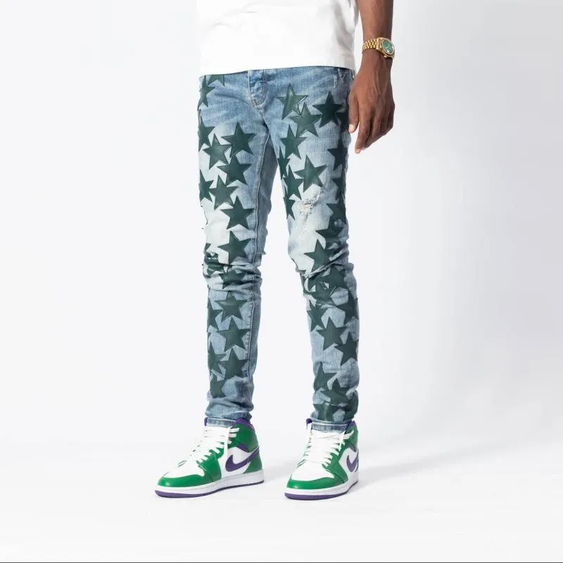 Mäns jeans stil grön femspetsig stjärnsträcka gör gamla high street rippade casual byxor man tid240n