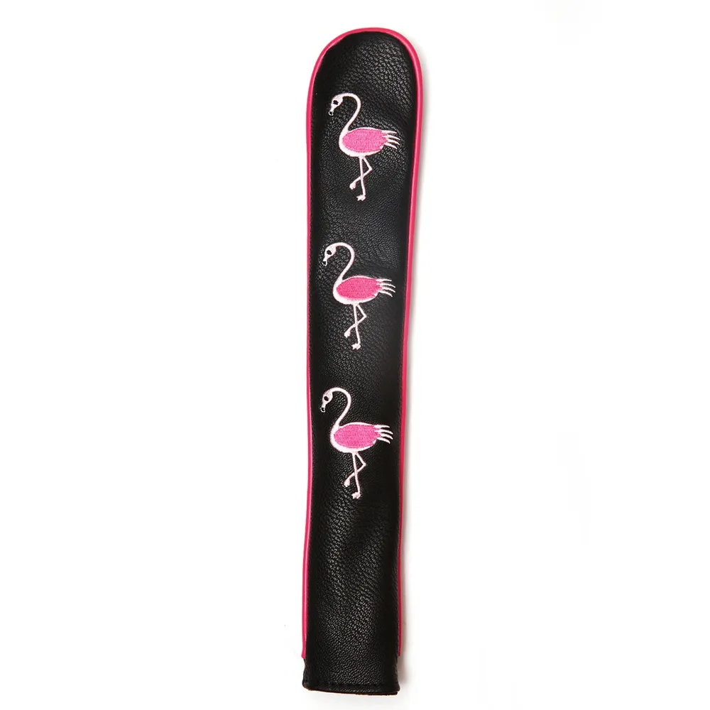 Black PU Leather Embroidery Flamingo Golf Alignment Stick Cover Case Holder