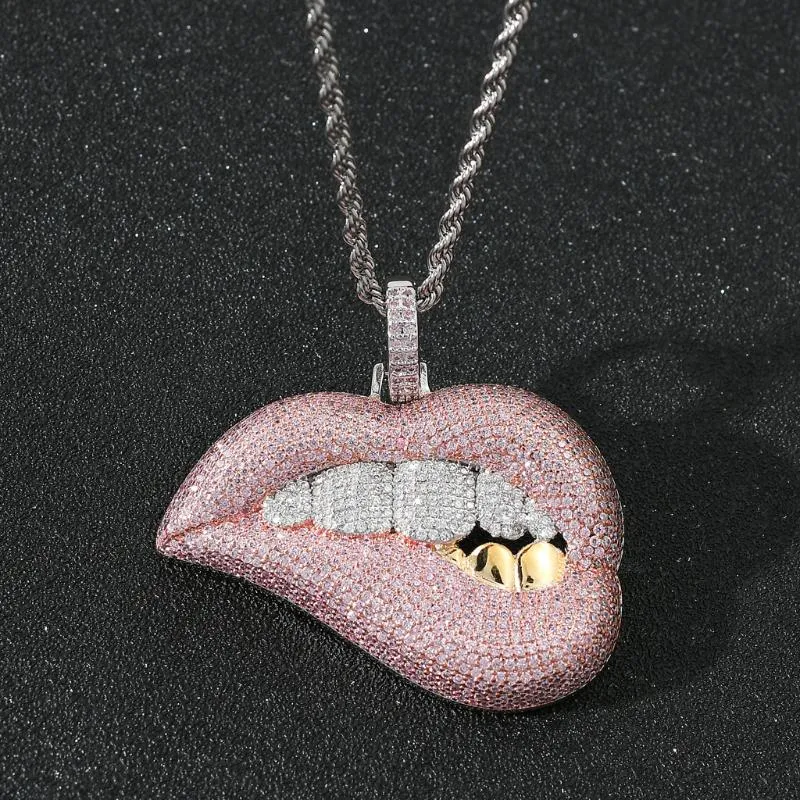 Tone Color Micro Pave Pink Cubic Cyrkonia Dip Lip Wisiorek Naszyjnik Iced Out Bling 5mm CZ Łańcuch tenisowy dla kobiet Hiphop Biżuteria Łańcuchy