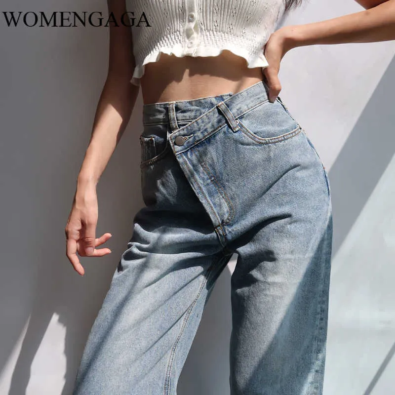 Womengaga Street Dżinsy Wysokiej talii Luźne Odchudzanie Proste Szerokie Spodnie Nogi Casual Nieregularny Denim Damskie NX6O 210603