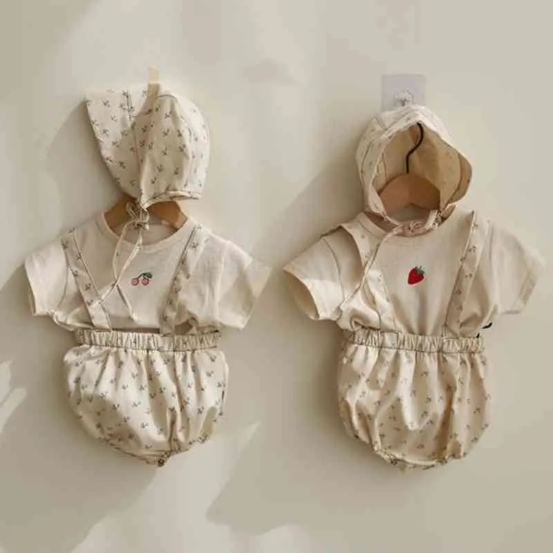 Born Baby Meisjes Kleding Sets Koreaanse Stijl Zomer Cherry Aardbei Printed Katoenen T-shirts Rompertjes Peuter Kids Suits 210429