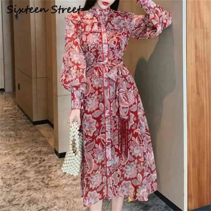 Vestido impresso floral senhora vintage para mulher O-pescoço de manga comprida vestidos primavera cintura alta feminina roupas de outono 210603