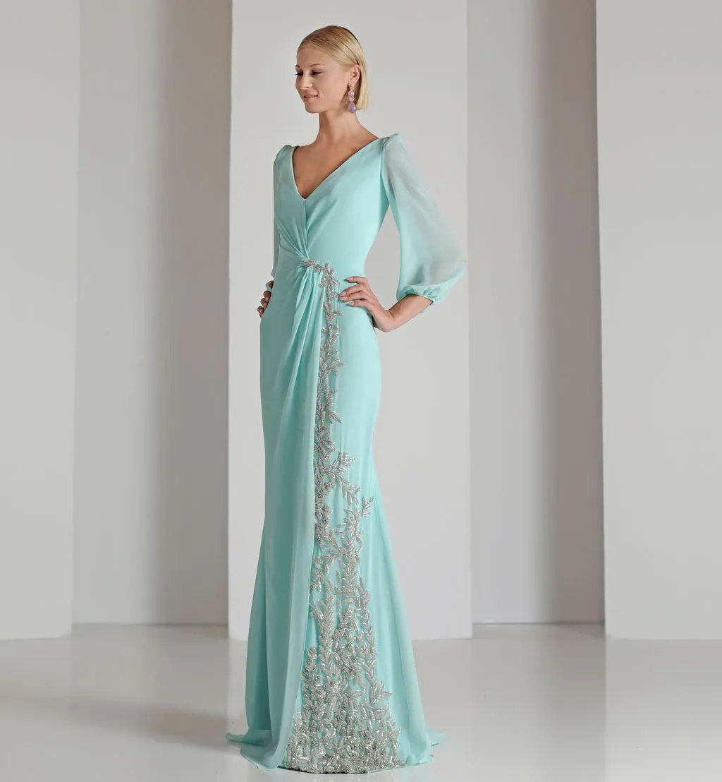 V Neck Applique Lace Evening Dress Light Sky Blue Chiffon Sheath 3/4 Long Sleeve Beaded Modern Prom Gowns