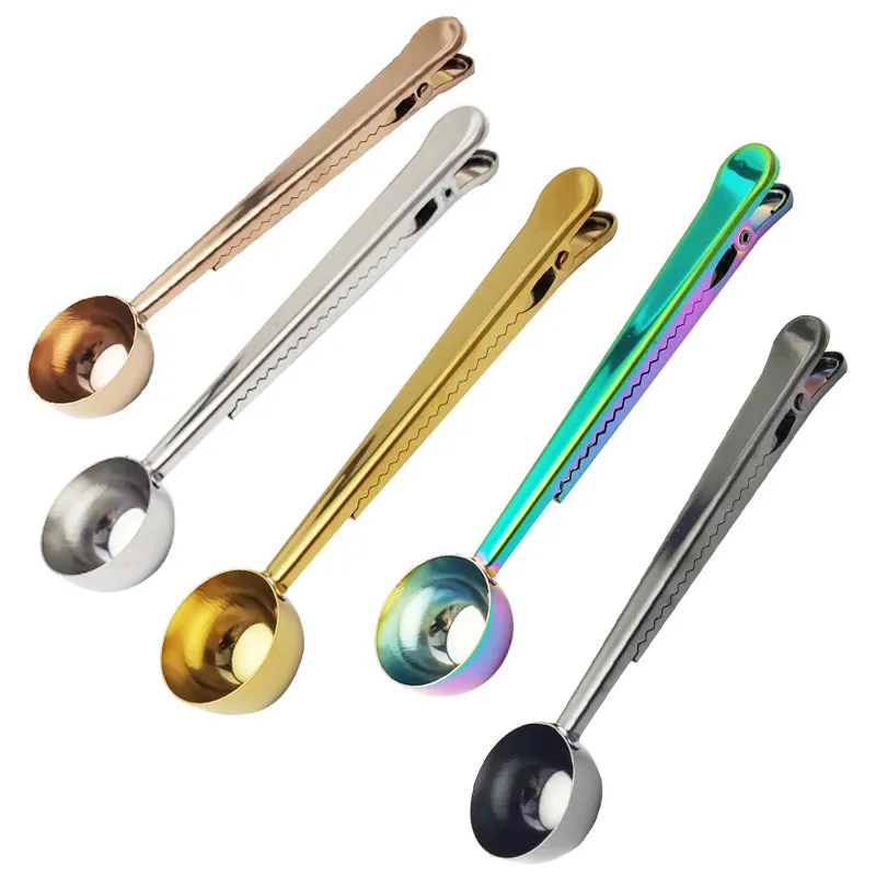 Stainless Steel Coffee Scoops Measuring Spoon With Sealing Clip Kitchen Baking Scale Milk Powder Round Spoon