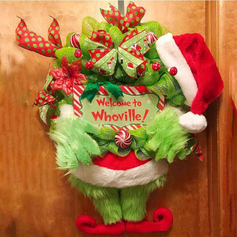 Couronne De Noël Grinch En Toile De Jute - 30x40cm - Décoration De Porte Originale - Comme Le Grinch A Volé Noël